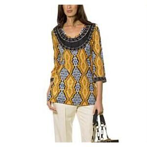 Tory Burch Silk Beaded Tunic Yellow Blue Geometric Tunic Top Size 12 Large